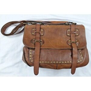 Patricia Nash Leather Studded Messenger Shoulder Bag Satchel Purse Camel Tan